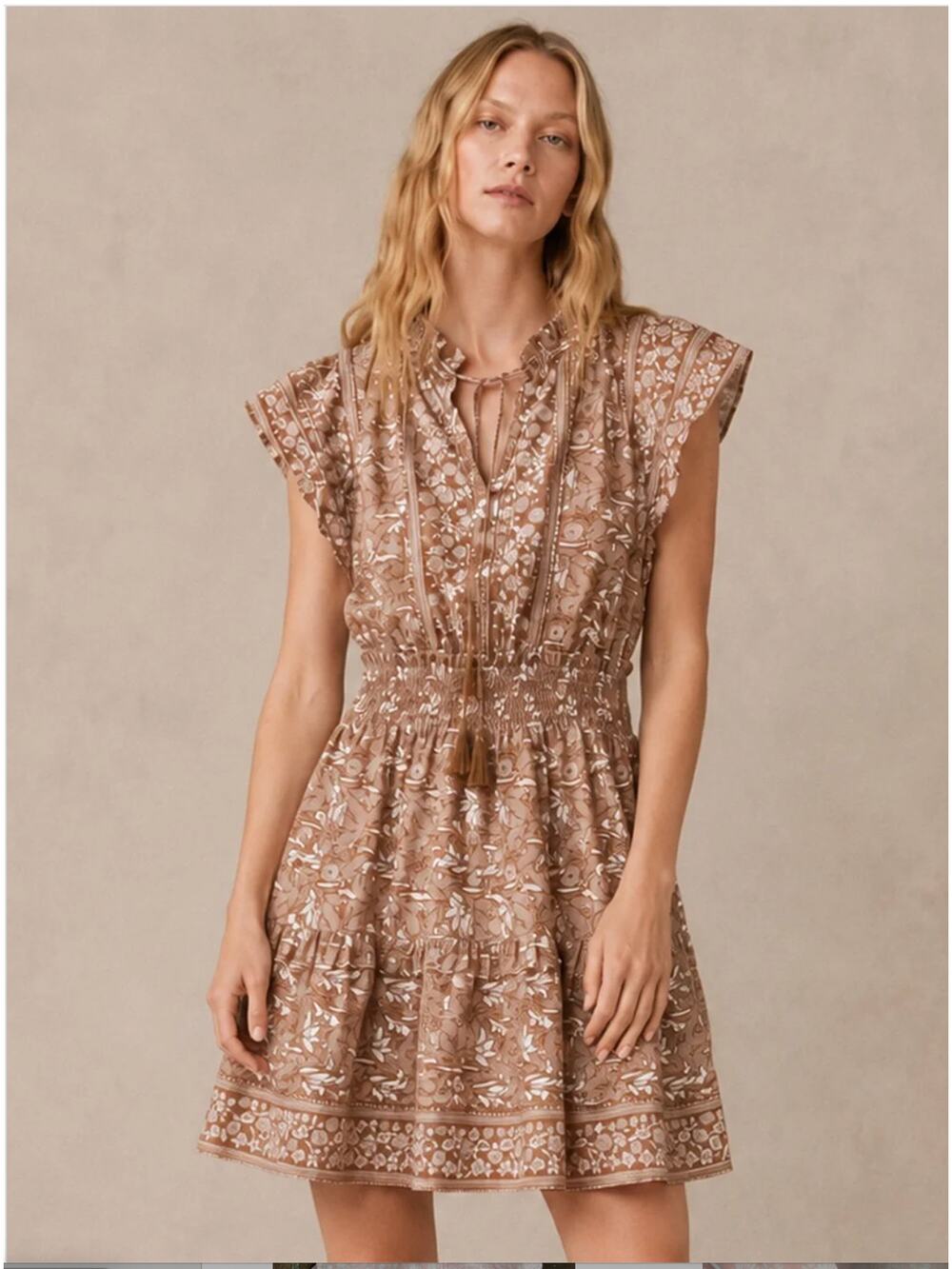 Melissa Nepton Yael Dress S Tan White Floral Paisley Western Coastal Boho